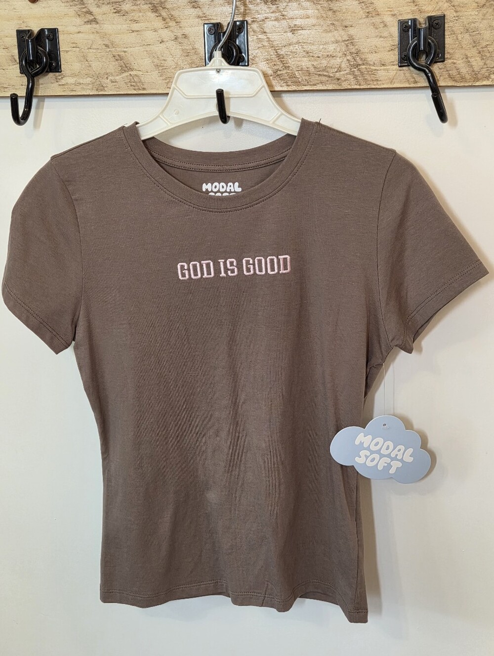 Modal Soft Light Brown GOD IS GOOD Pink Embroidered T-Shirt Top Women's M NWT